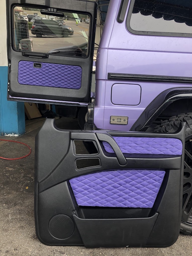 Custom purple car interior upholstery Miami unique design