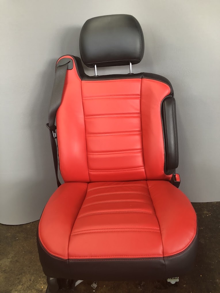 Red leather car seat restoration Miami auto upholstery