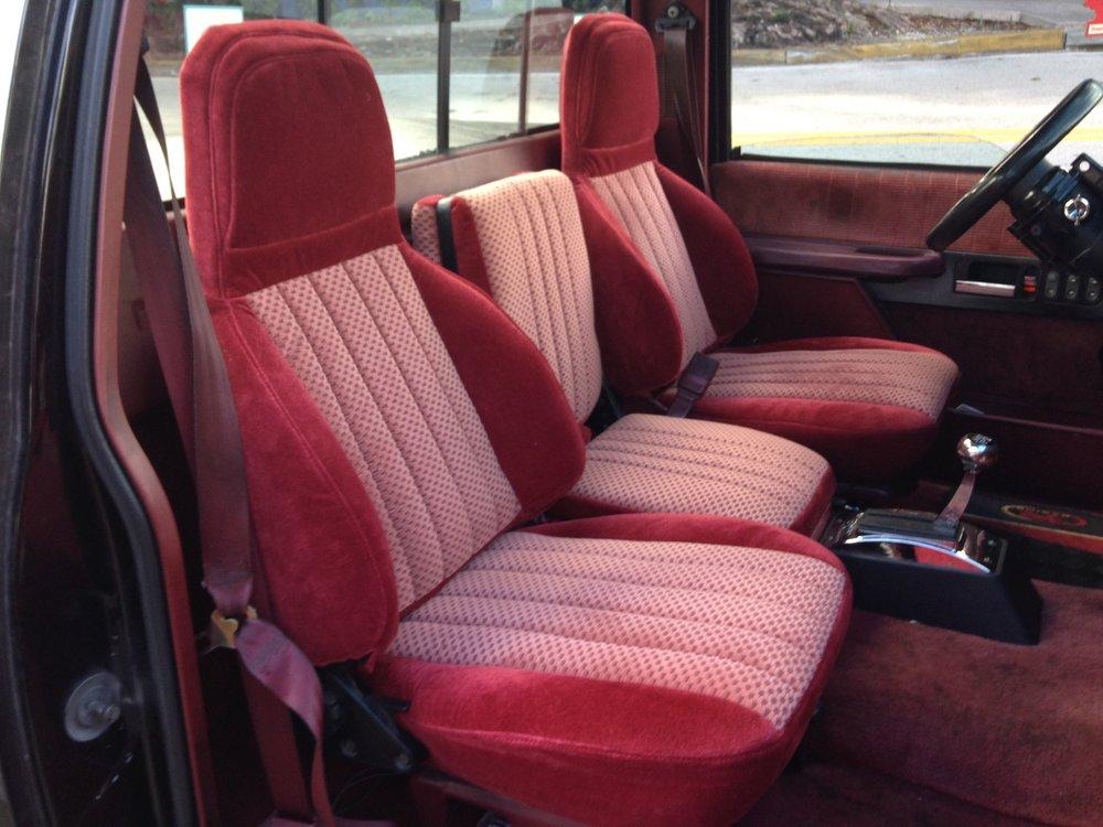 Red suede car seat upholstery restoration South Florida